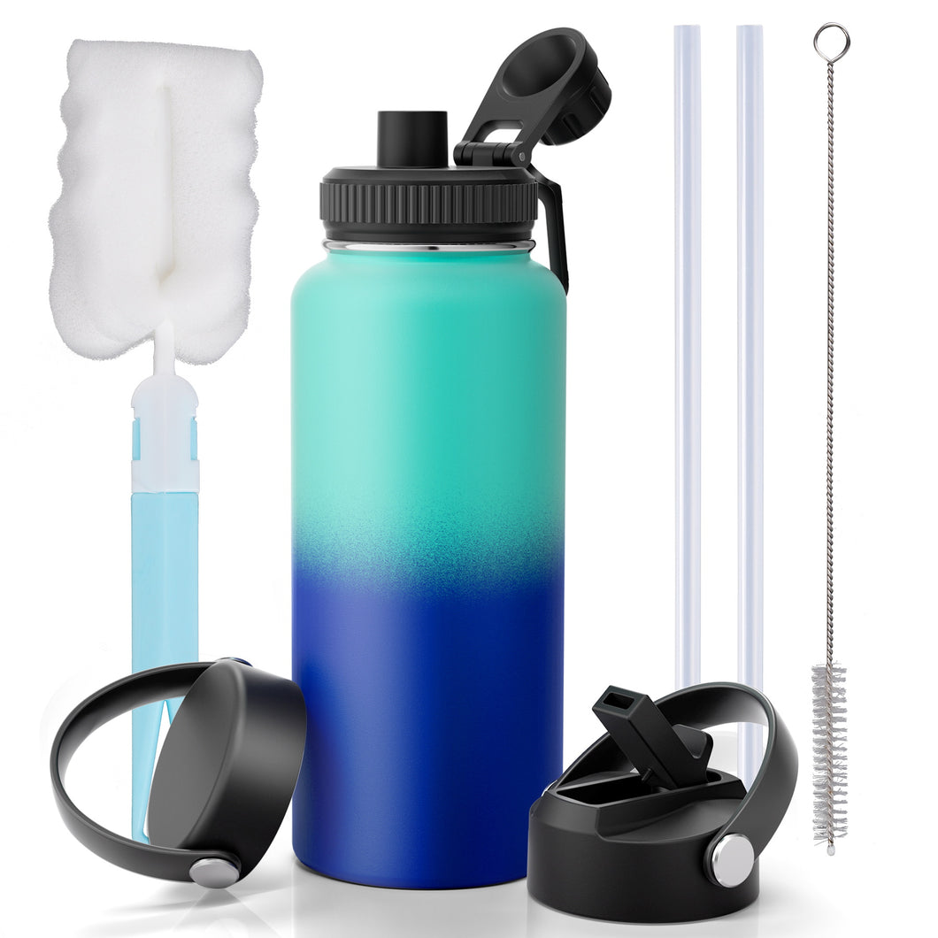 Hansubute 32oz sport vacuum insulated water bottle with straw, 3 Interchangeable Lids Included, Keeps Cold and Hot, 18/8 Stainless Steel , Leakproof, Lightweight ,BPA free .