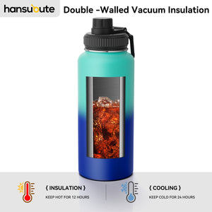 Hansubute 32oz sport vacuum insulated water bottle with straw, 3 Interchangeable Lids Included, Keeps Cold and Hot, 18/8 Stainless Steel , Leakproof, Lightweight ,BPA free .